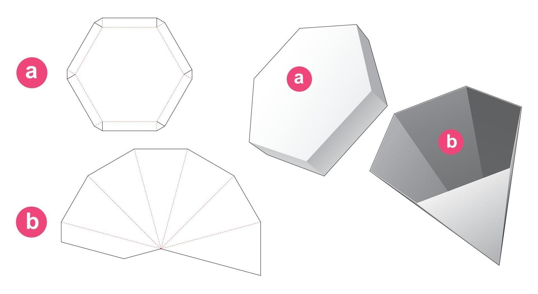 Plantilla troquelada de caja y tapa en forma de pilón hexagonal vector