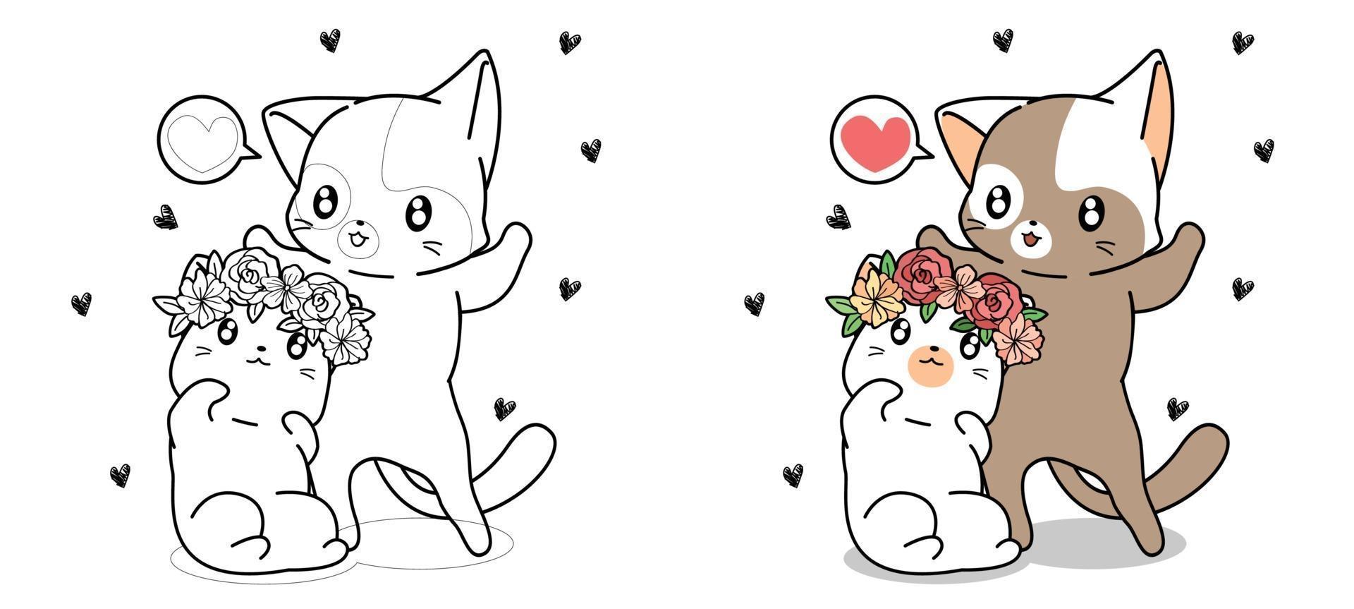 Couple cats are falling in love cartoon coloring page vector