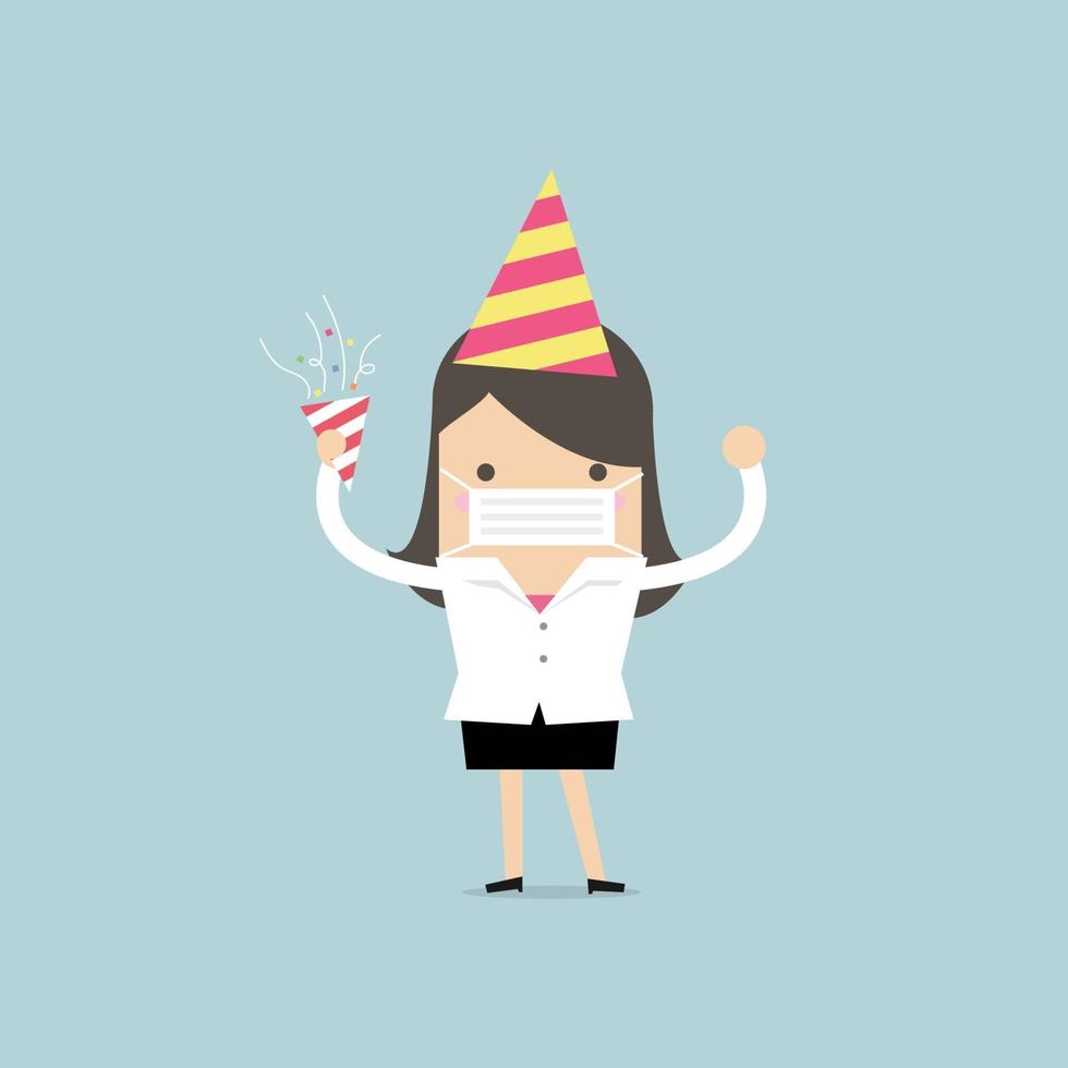 Businesswoman celebrates at a party and wears a surgical mask. vector