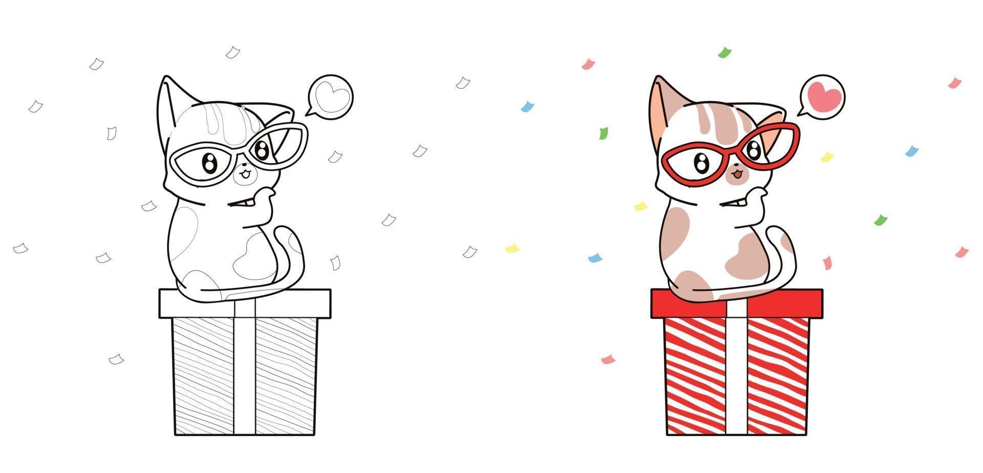 Lindo gato y caja de regalo página para colorear de dibujos animados vector