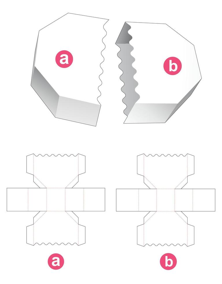 Hexagonal box and lid with curved edge die cut template vector