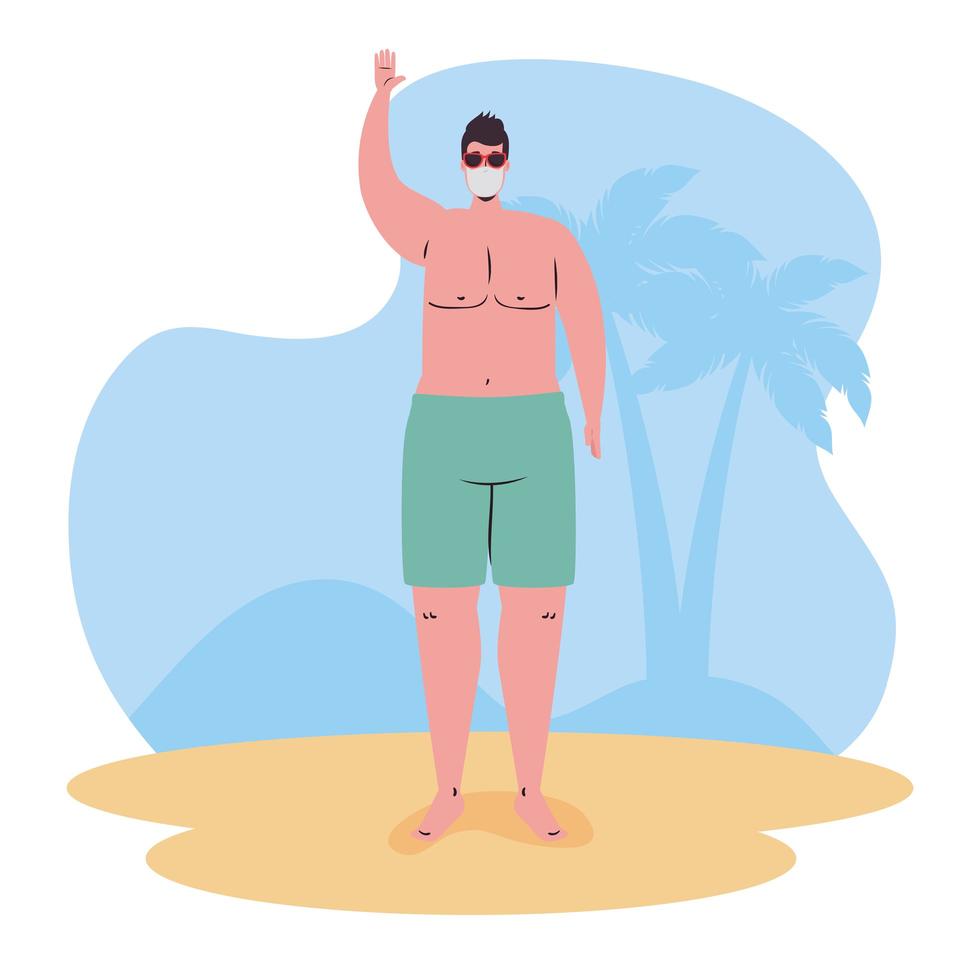 Hombre en traje de baño con una máscara facial en la playa. vector