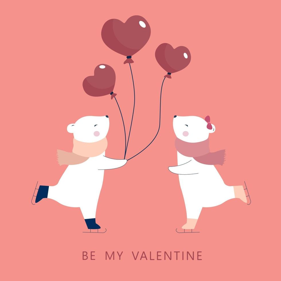 Polar bear couple with heart shape balloon and Be My Valentine word. Valentine's day concept. vector