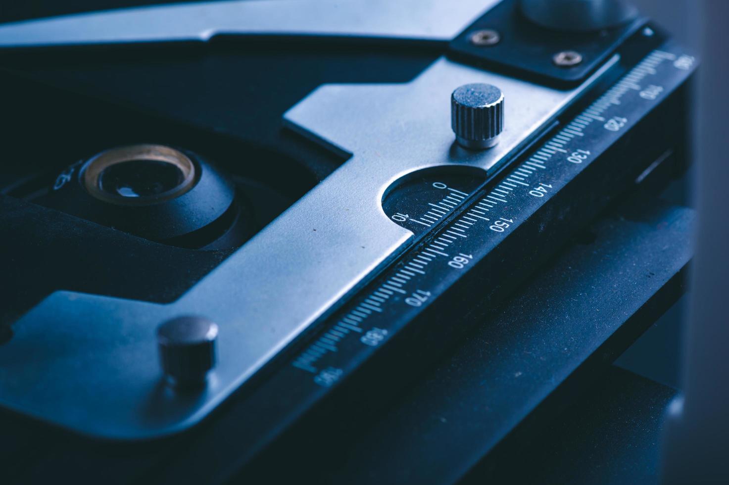 Close-up of measurement marks on microscope photo