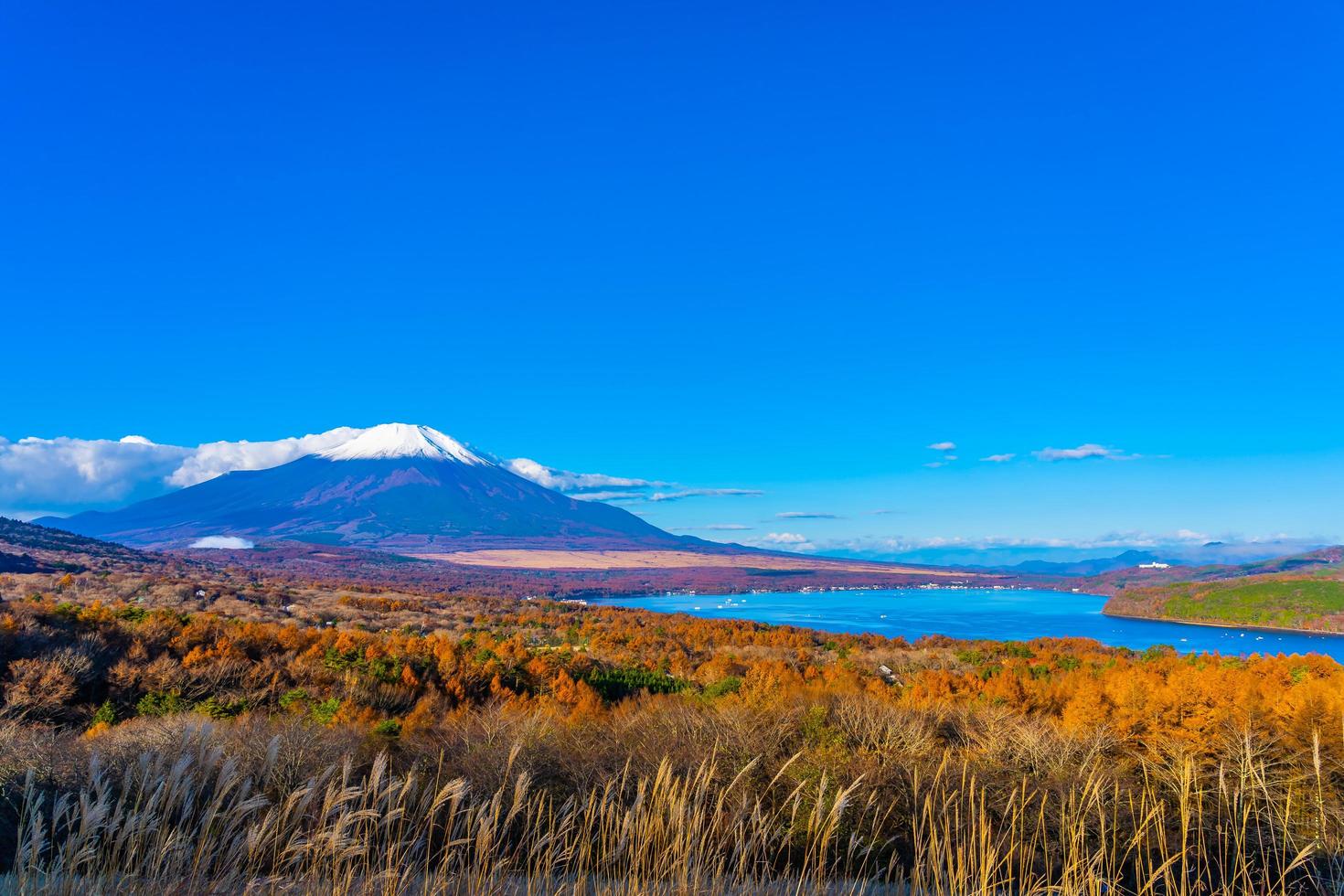 Fuji mountain at the Yamanakako or Yamanaka lake in Japan photo