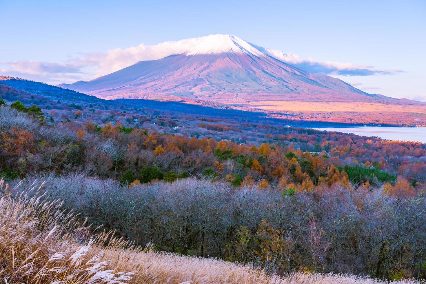 Fuji mountain at the Yamanakako or Yamanaka lake in Japan photo