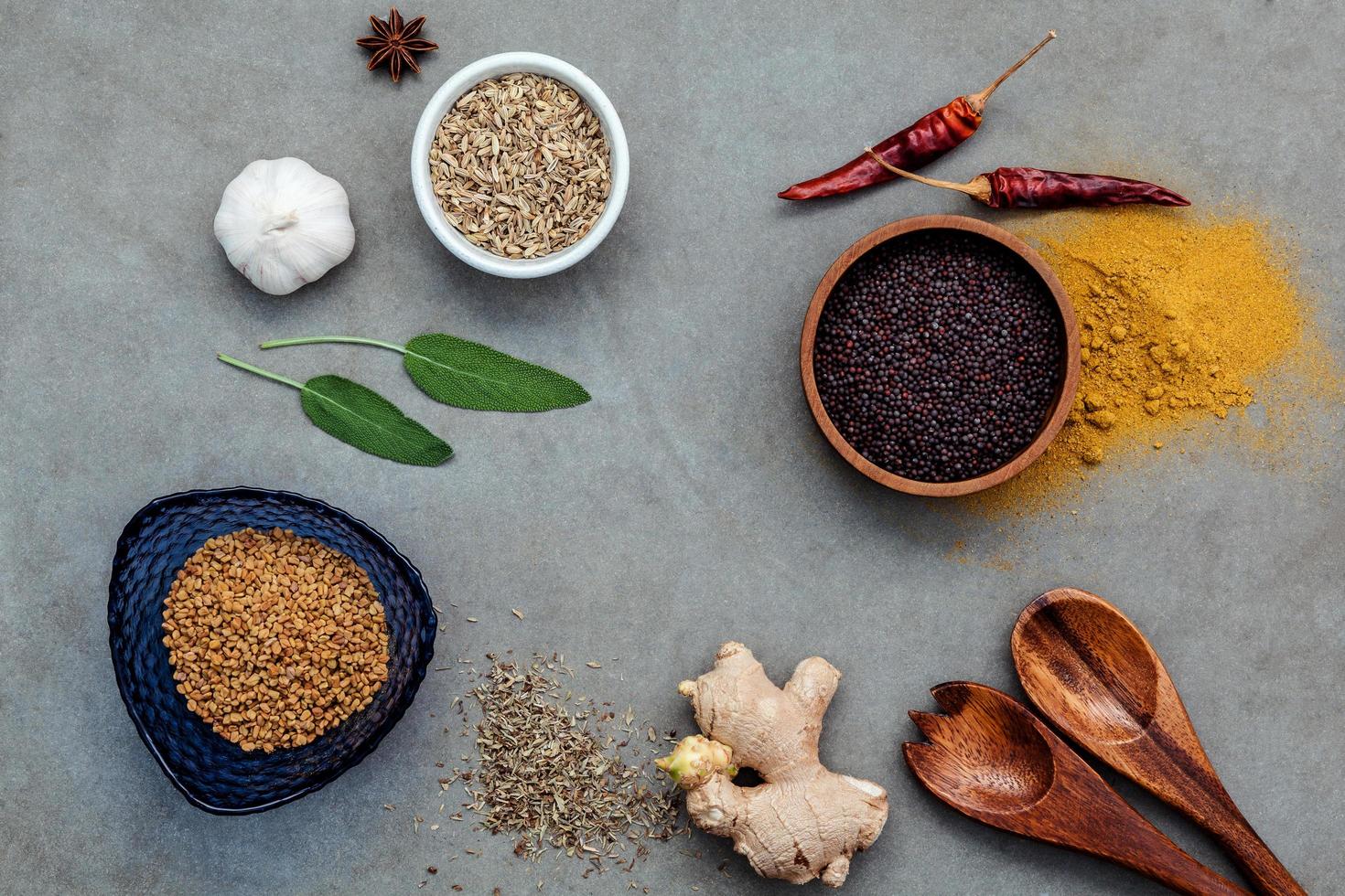 Top view of assorted spices photo