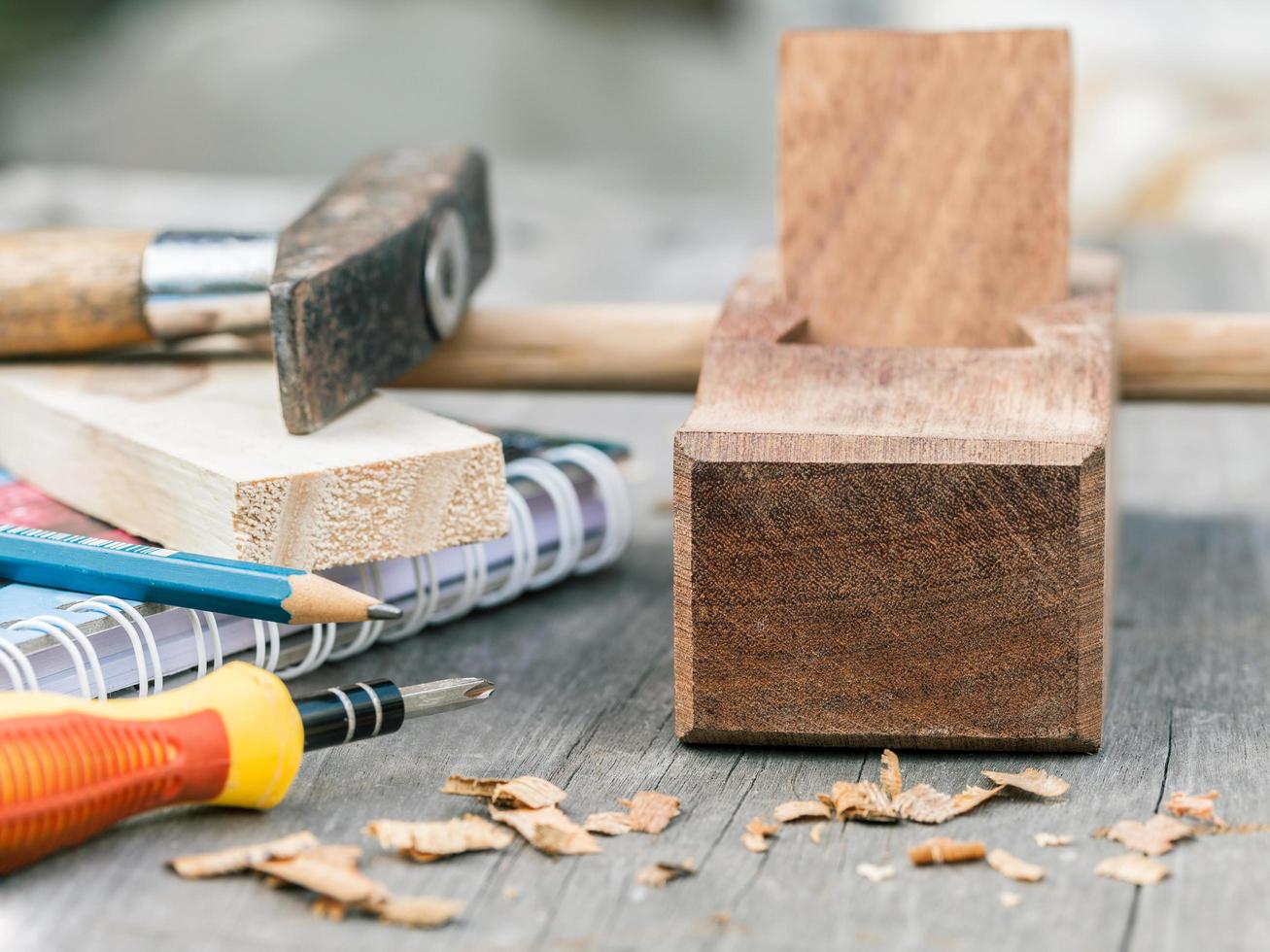 Carpenter plane and wood shavings photo