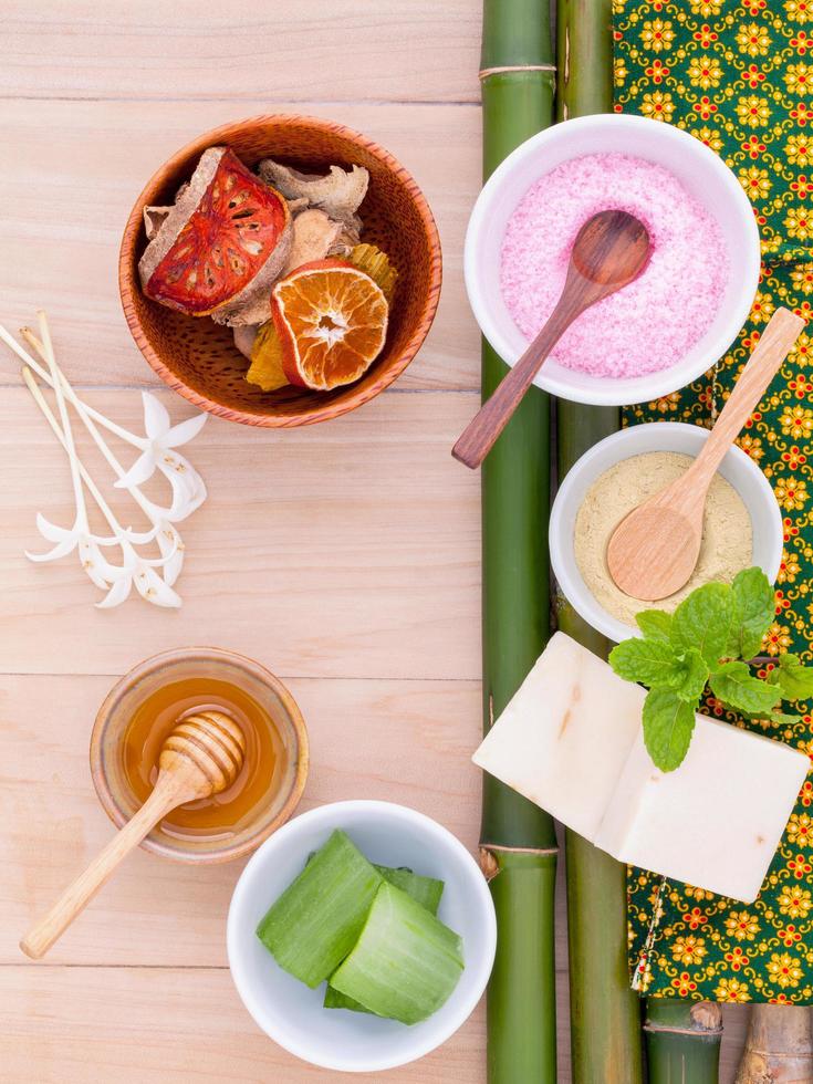 Top view of natural spa ingredients photo