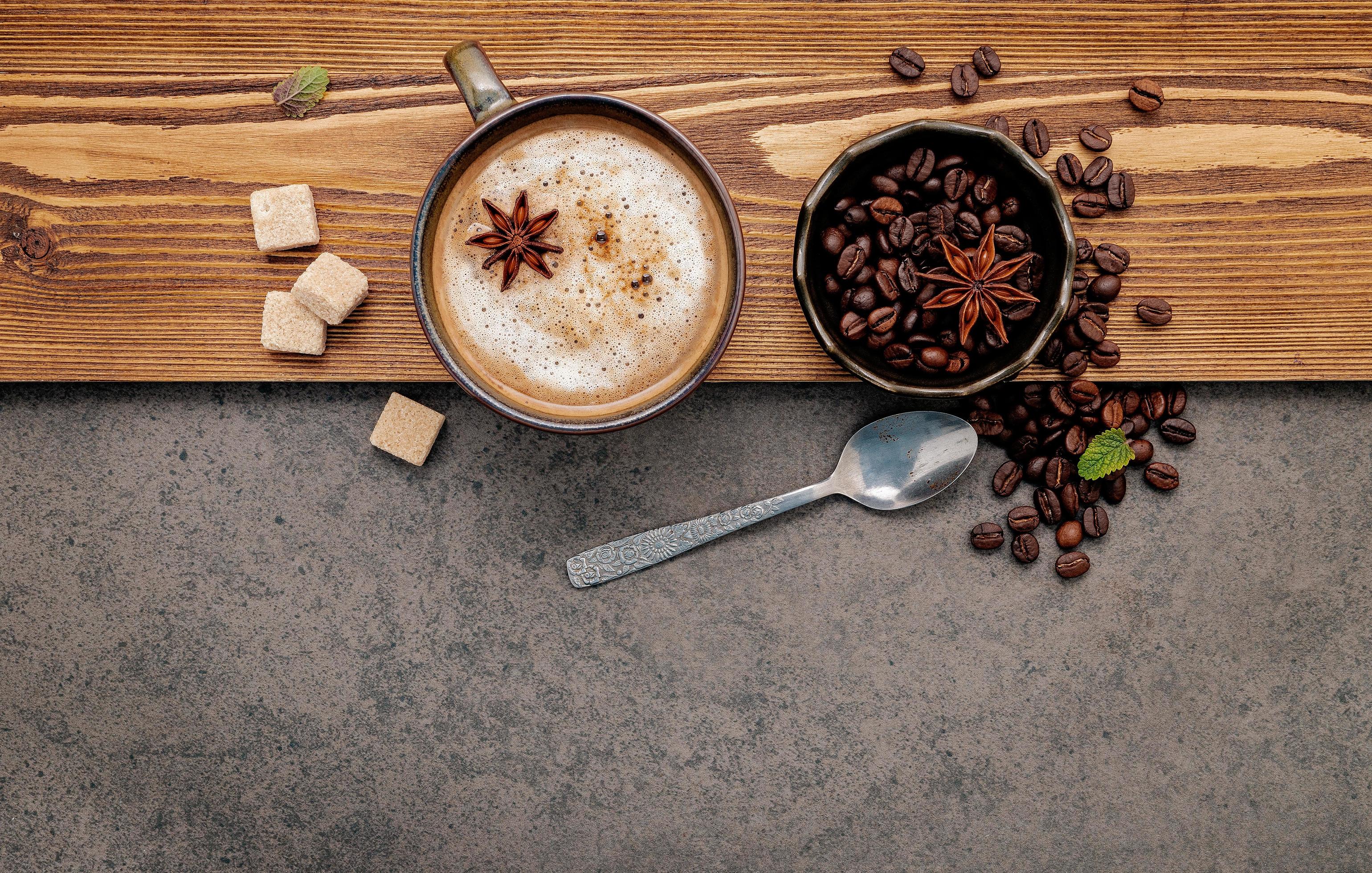 Flavored latte on a wood and gray background 2030415 Stock Photo at