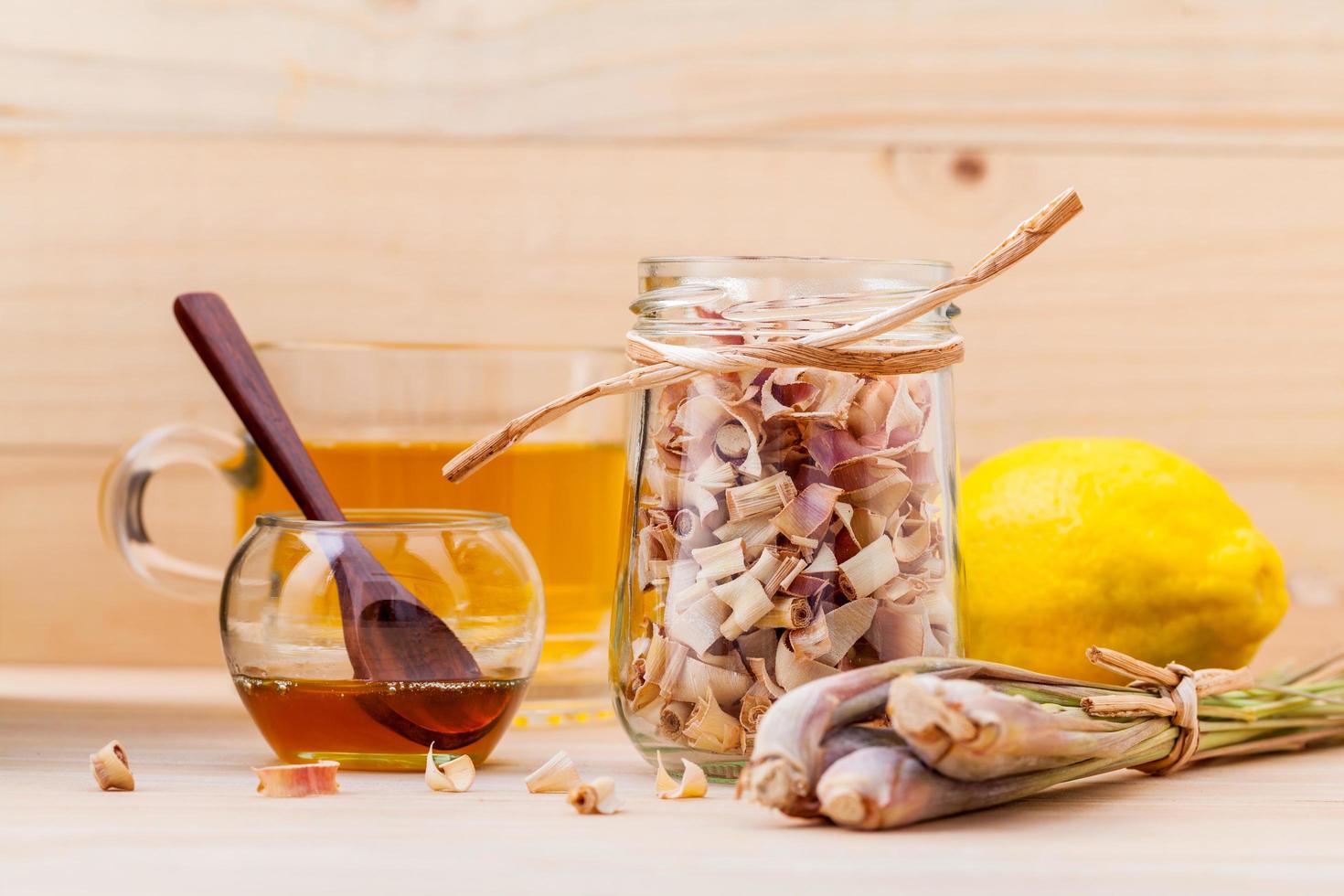 Cup of herbal tea with dried lemongrass photo