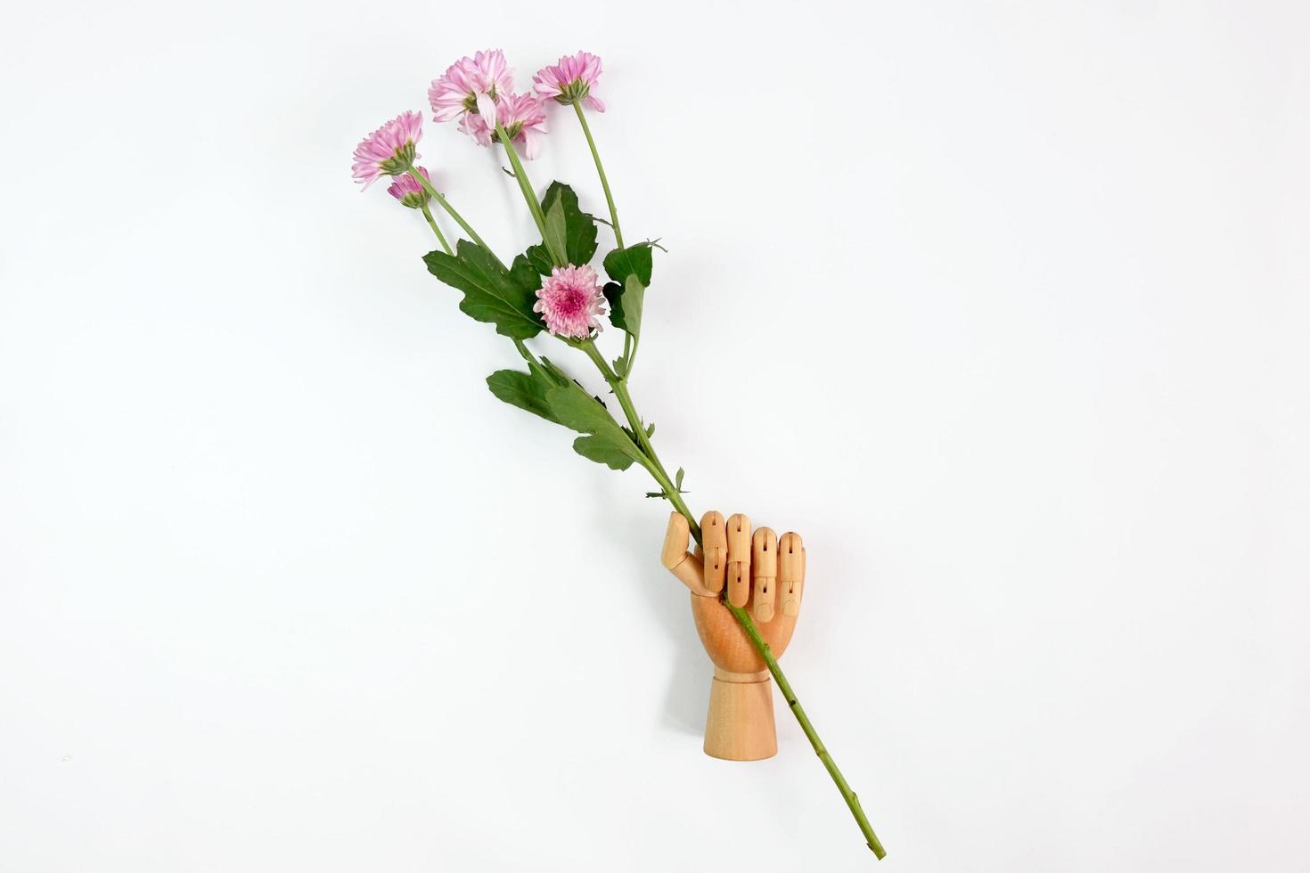 mano de madera sosteniendo bonitas flores foto