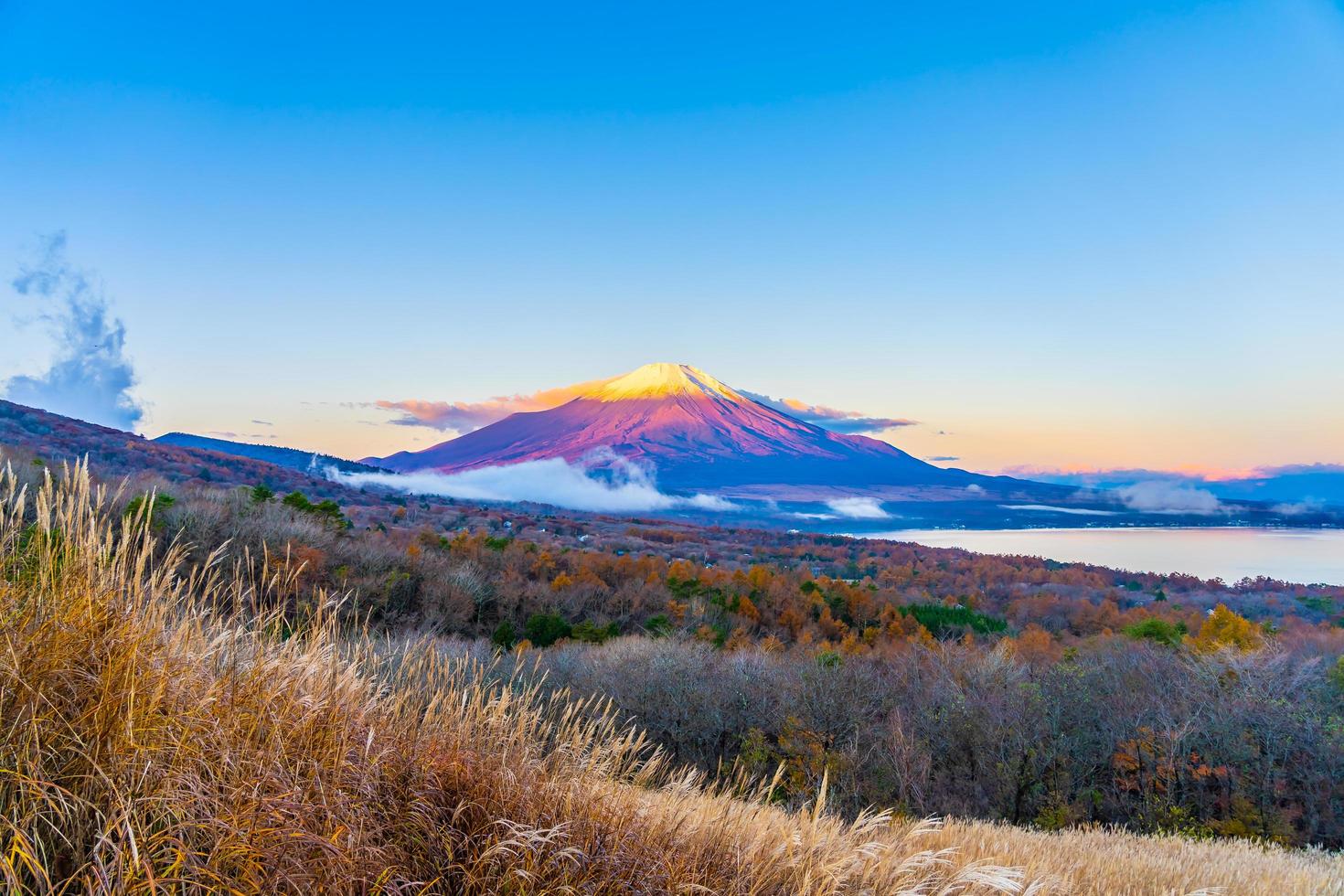 Fuji mountain at the Yamanakako or Yamanaka lake in Japan photo