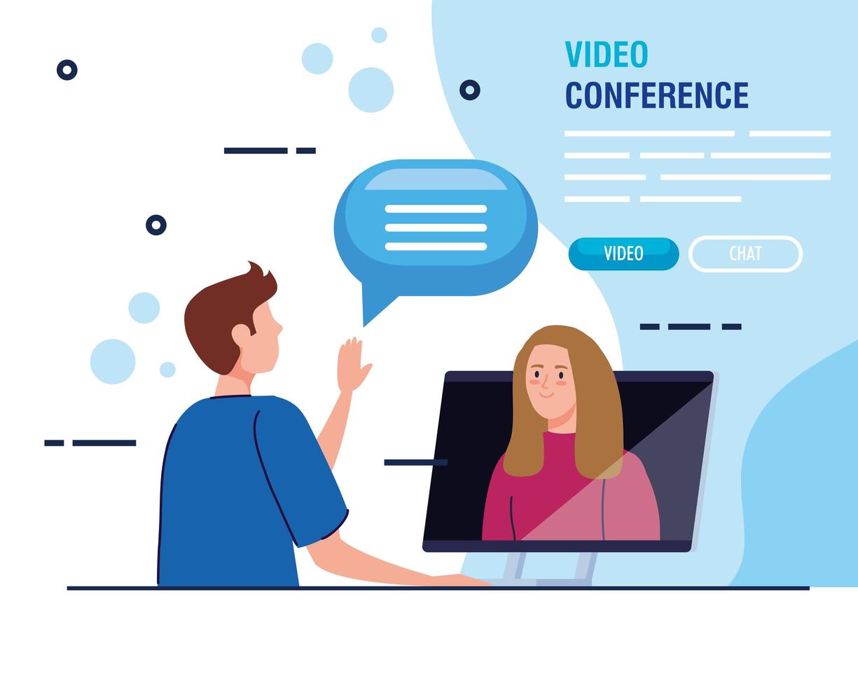 couple in a video conference via laptop banner template vector
