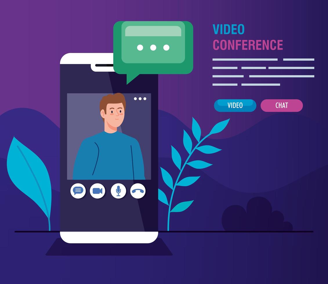 young man in a video conference via smartphone vector