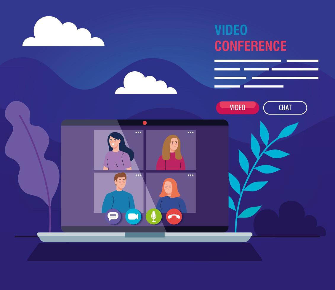 young people in a video conference via laptop vector