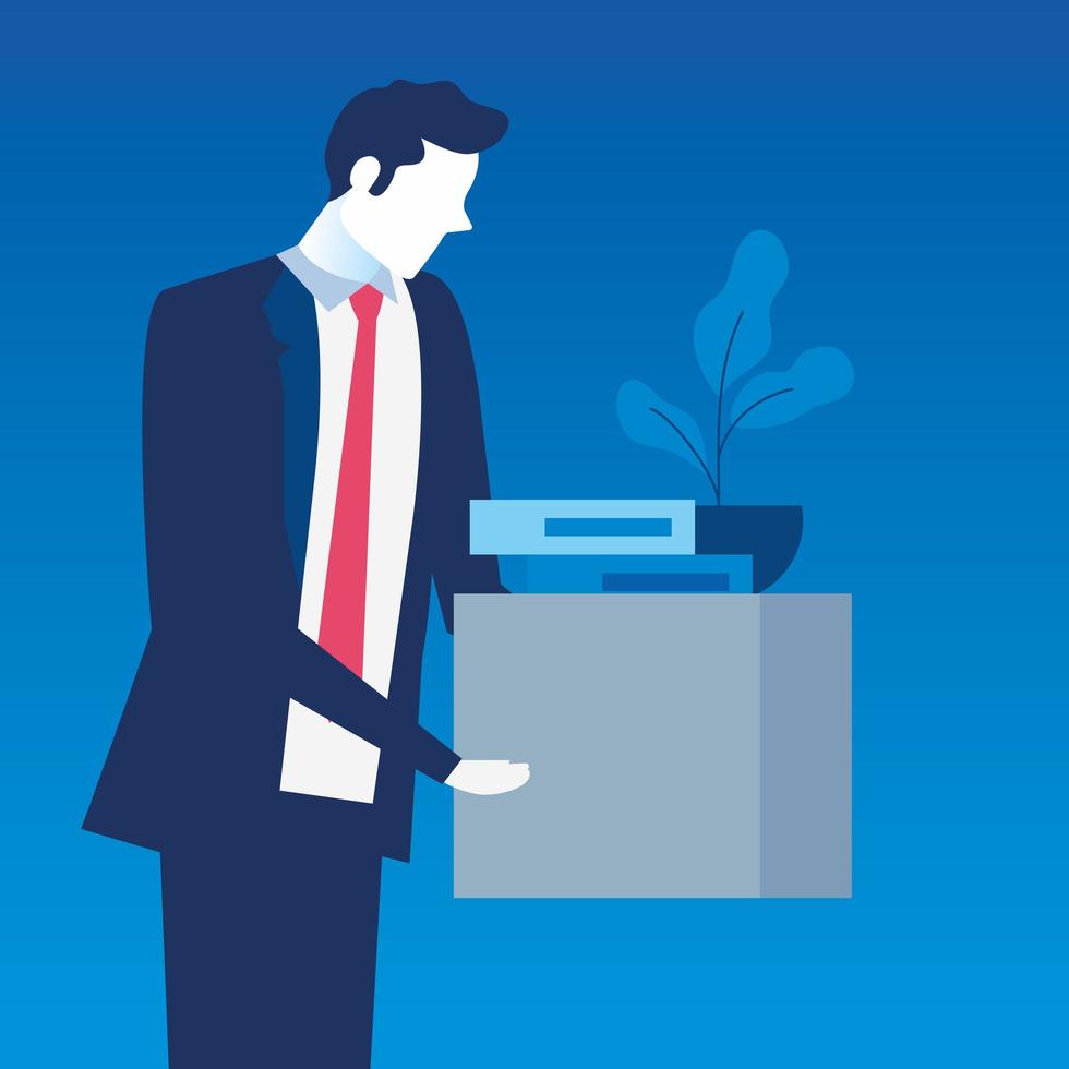 Sad businessman unemployed and box with objects vector