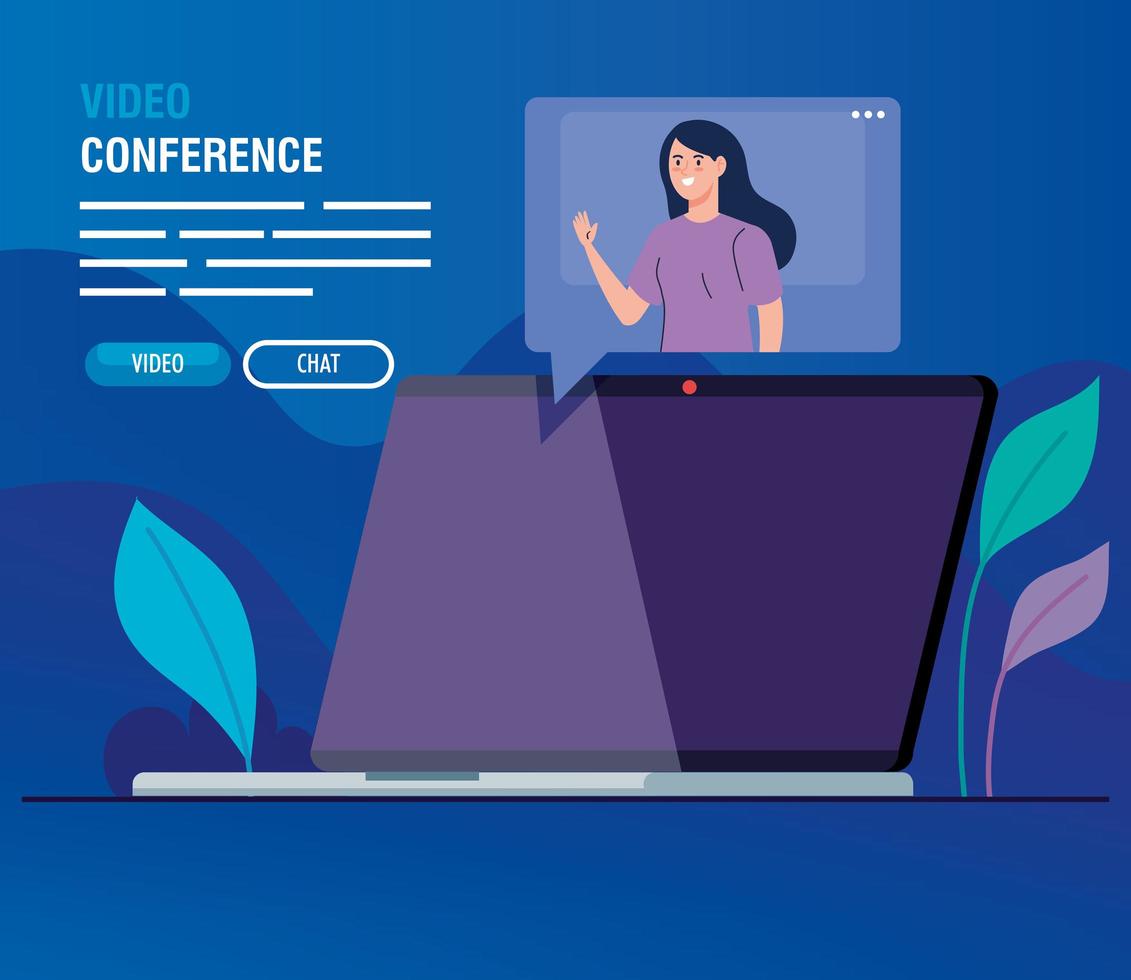 young woman in a video conference via laptop vector