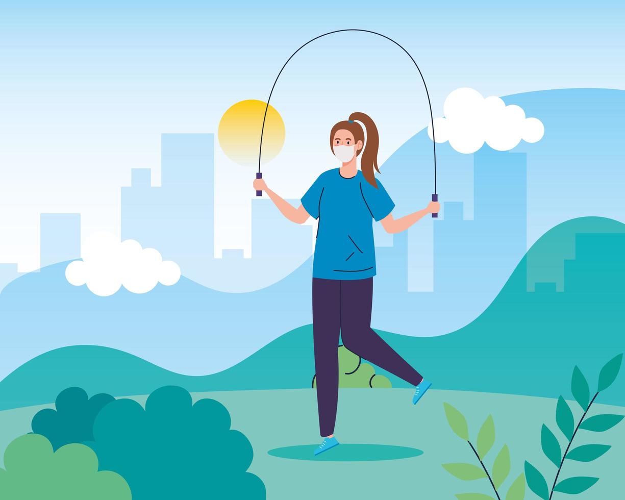 Woman jumping rope outdoors with a face mask vector