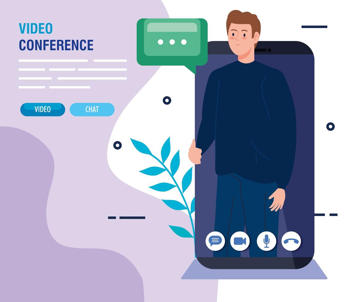 young man in a video conference via smartphone vector