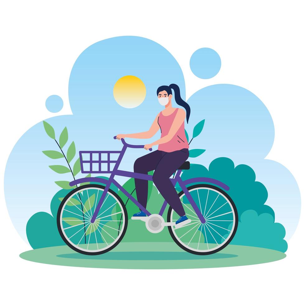 Woman riding a bike outdoors with a face mask vector