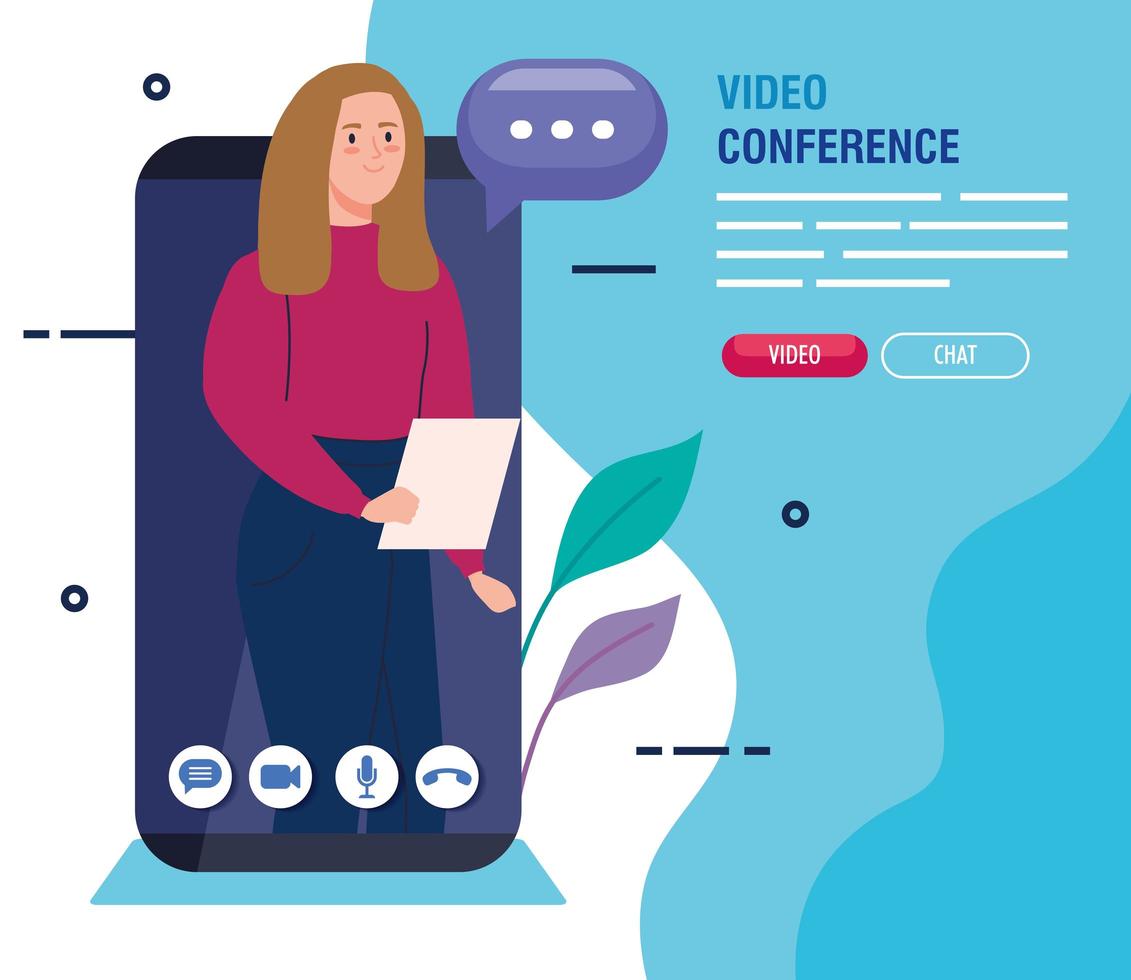 young woman in a video conference via smartphone vector