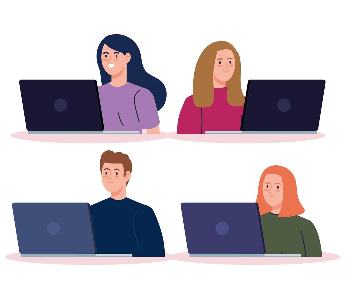 Set of young people with laptop vector