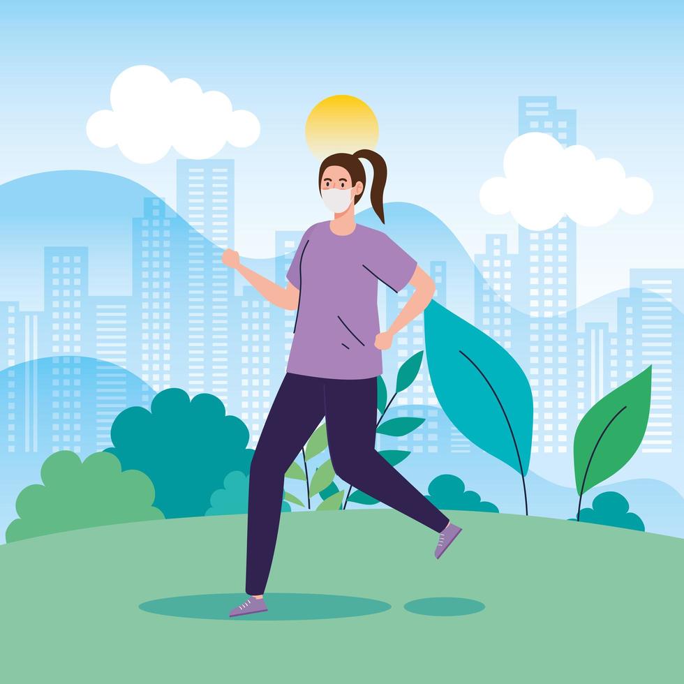 Woman running outdoors with a face mask vector