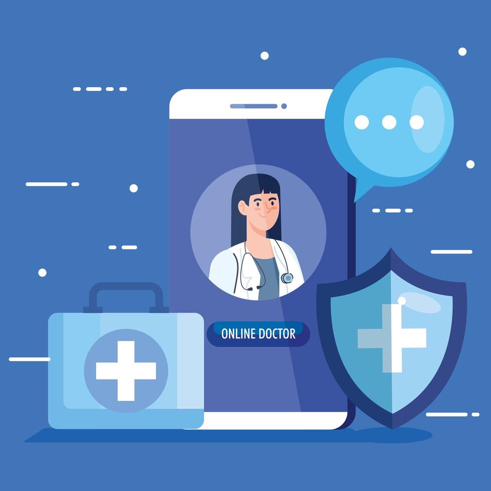 Doctor on the smartphone, online medicine concept with medical icons vector