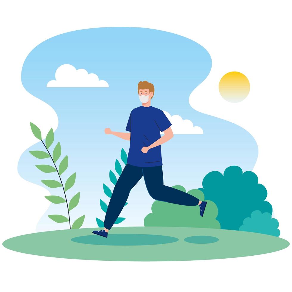 Man running outdoors with a face mask vector