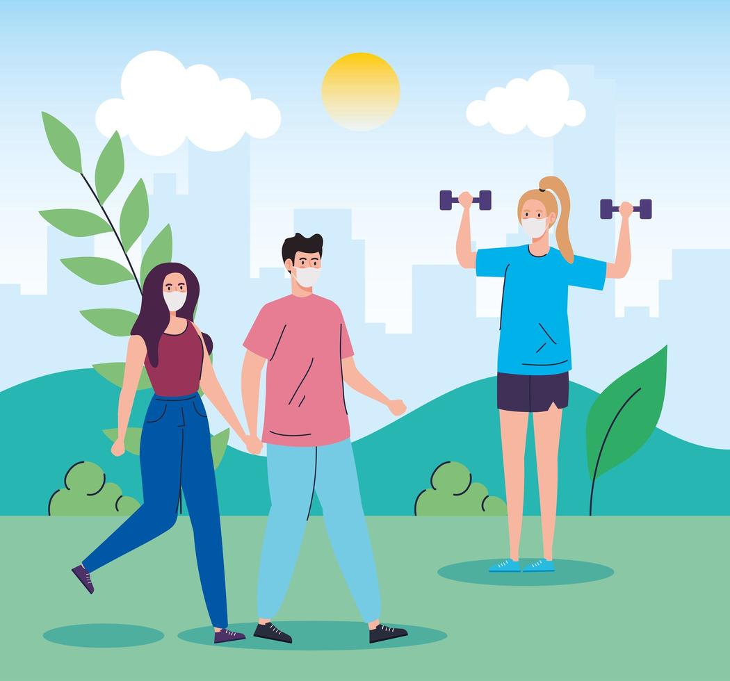 People doing outdoor activities with face masks vector