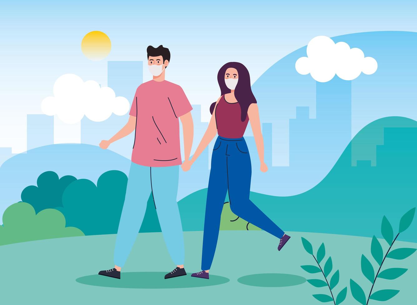 Couple walking outdoors with a face mask vector