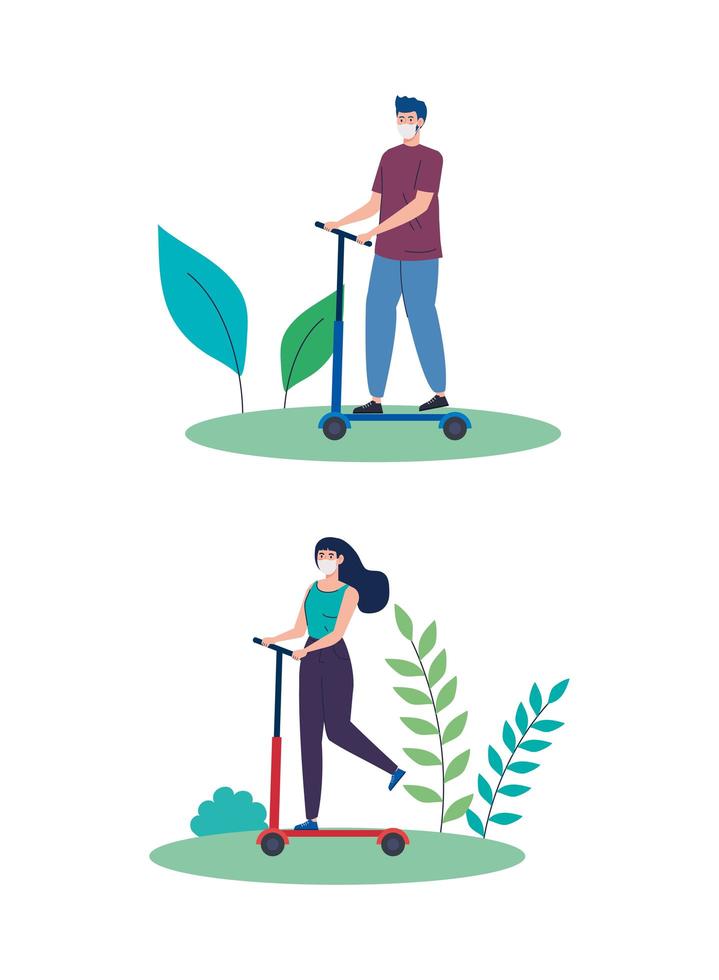 People doing outdoor activities with face masks vector