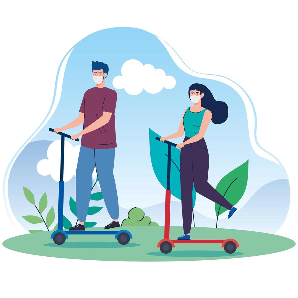 Couple riding scooters outdoors with face masks vector