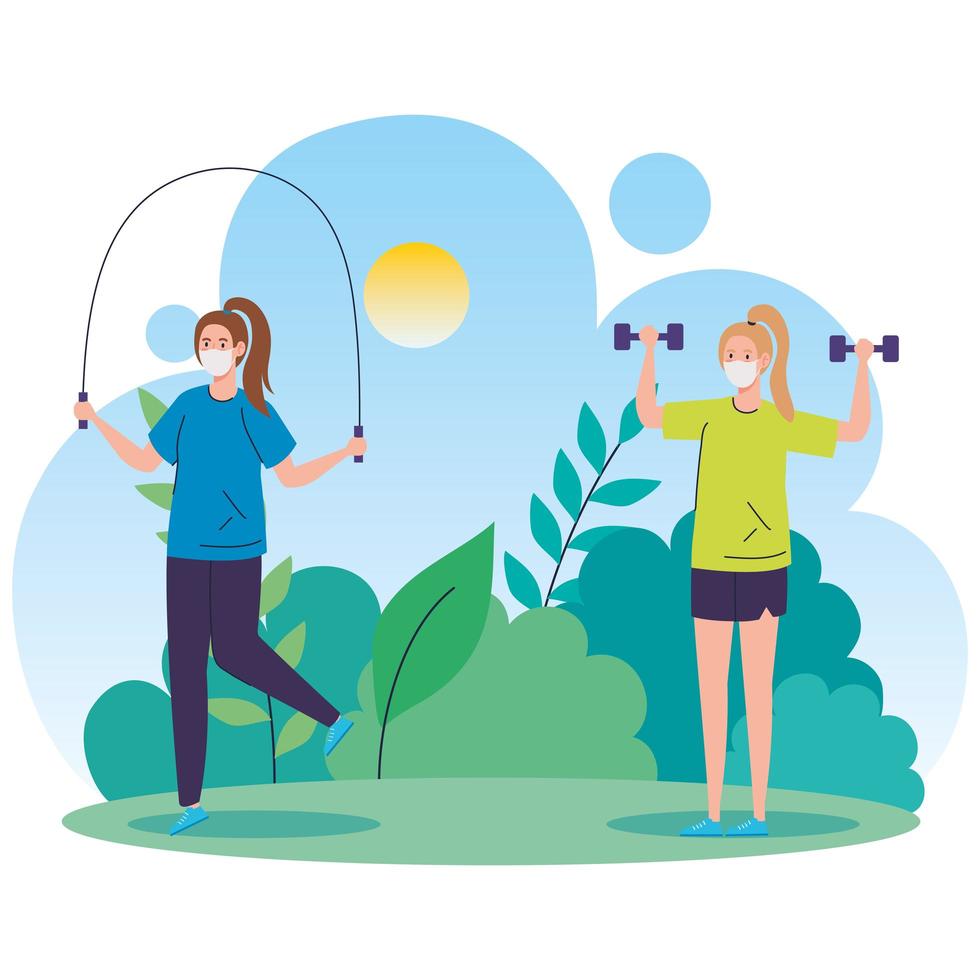 Women exercising outdoors with face masks vector