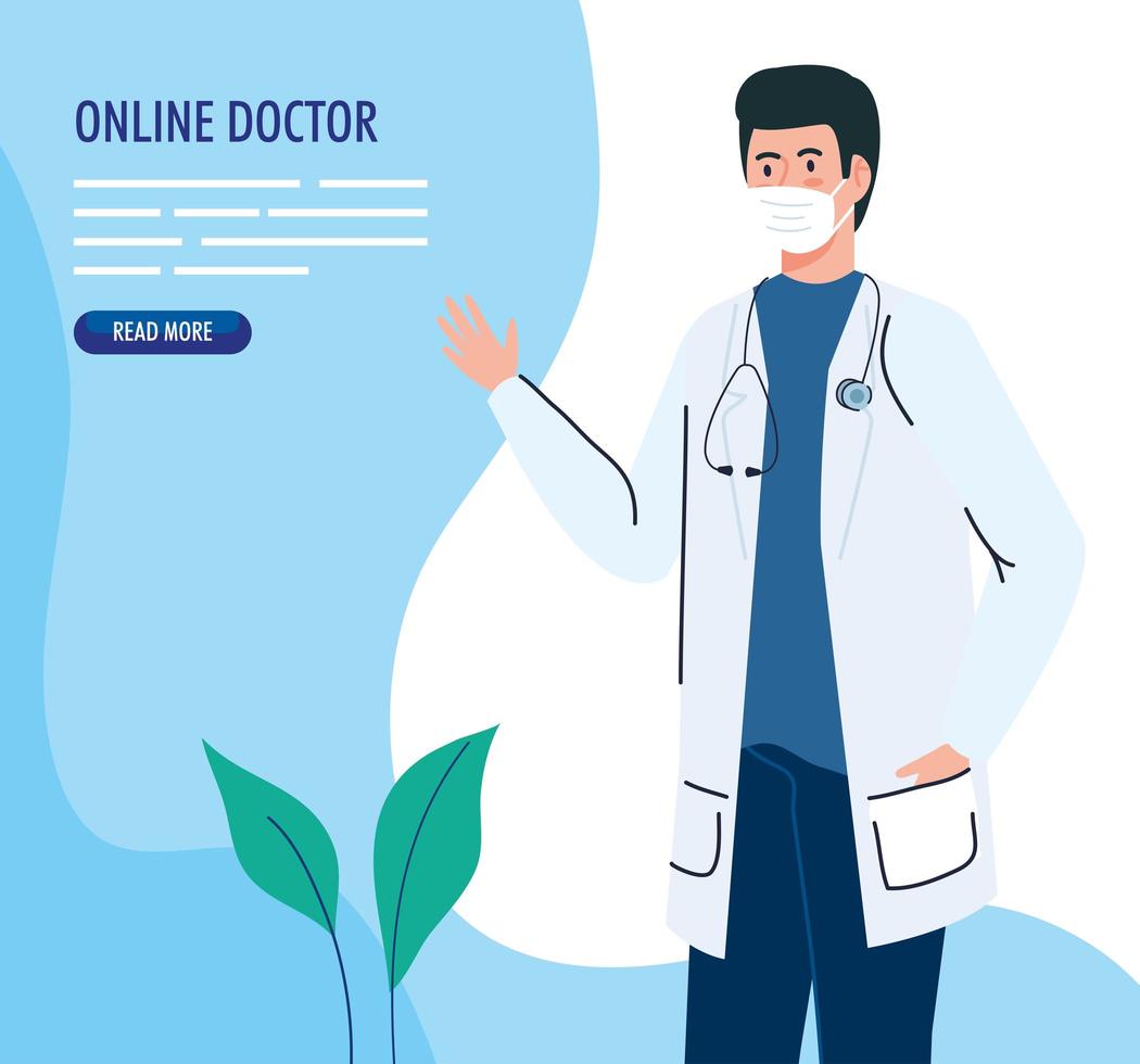Online medicine banner with doctor wearing a face mask vector