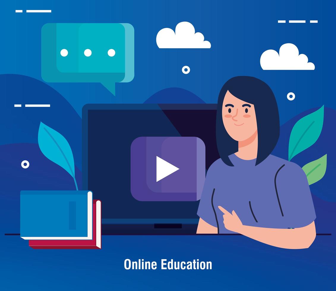 Online education technology with woman and laptop vector