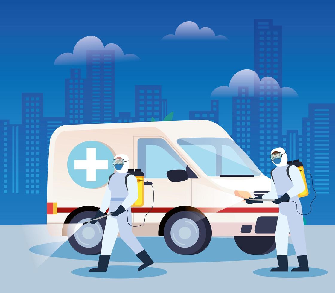 Ambulance being disinfected during coronavirus pandemic vector