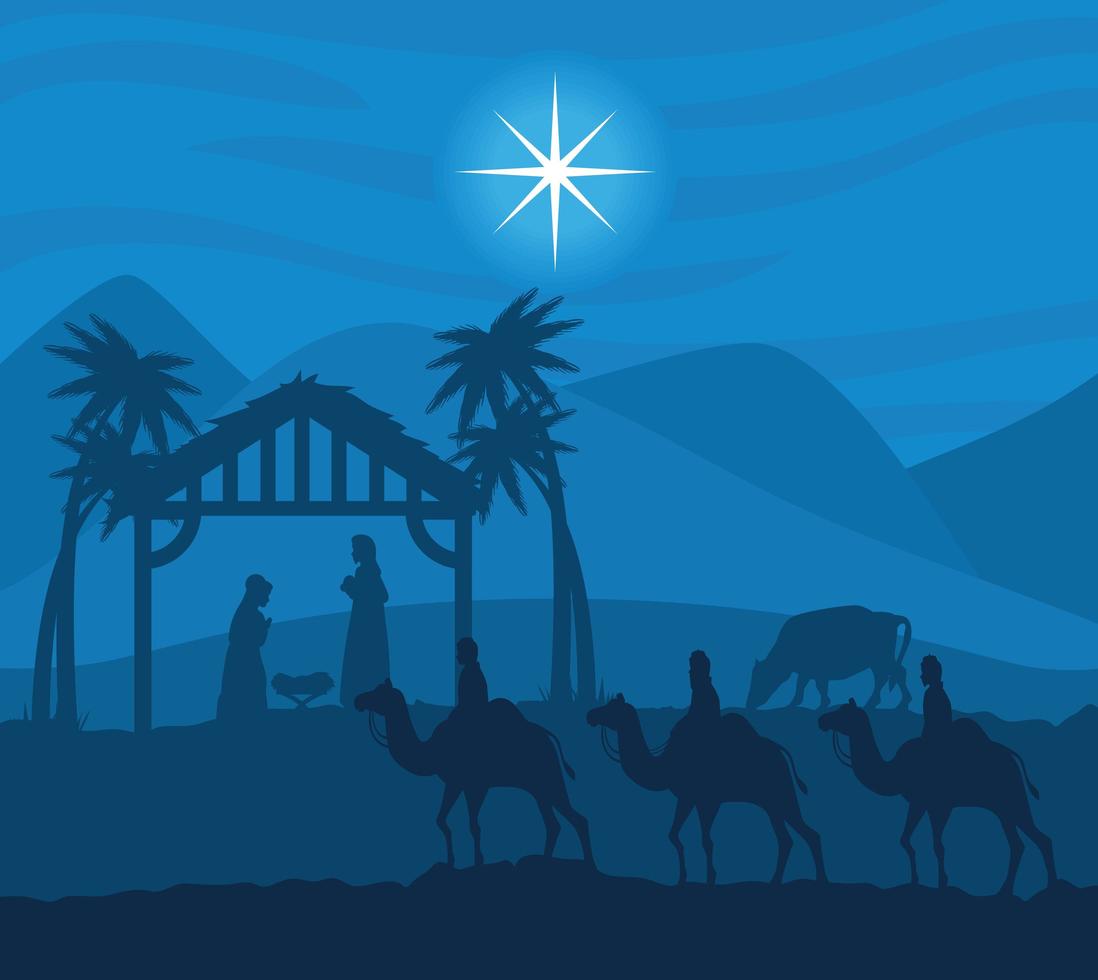 Merry Christmas and nativity with Mary, Joseph and baby Jesus and the three Magi vector