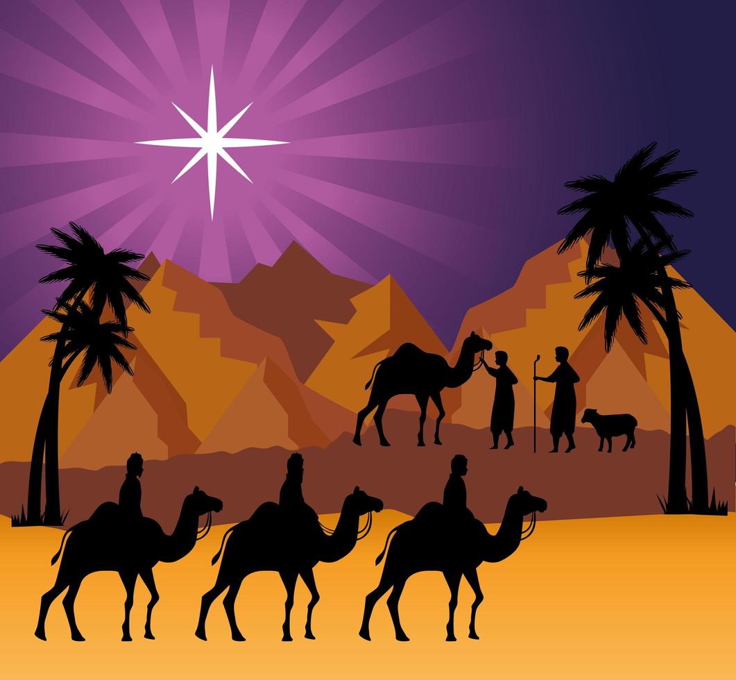 feliz navidad y natividad con los tres magos en camellos vector