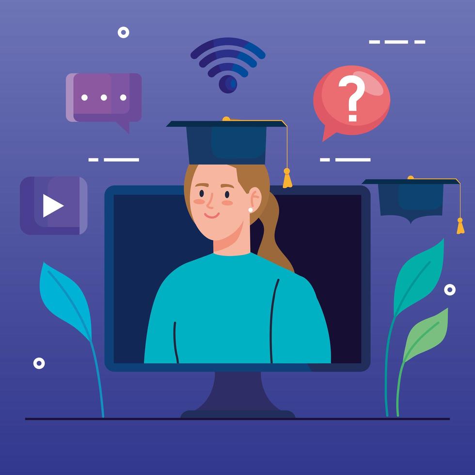 Online education technology with woman and computer vector