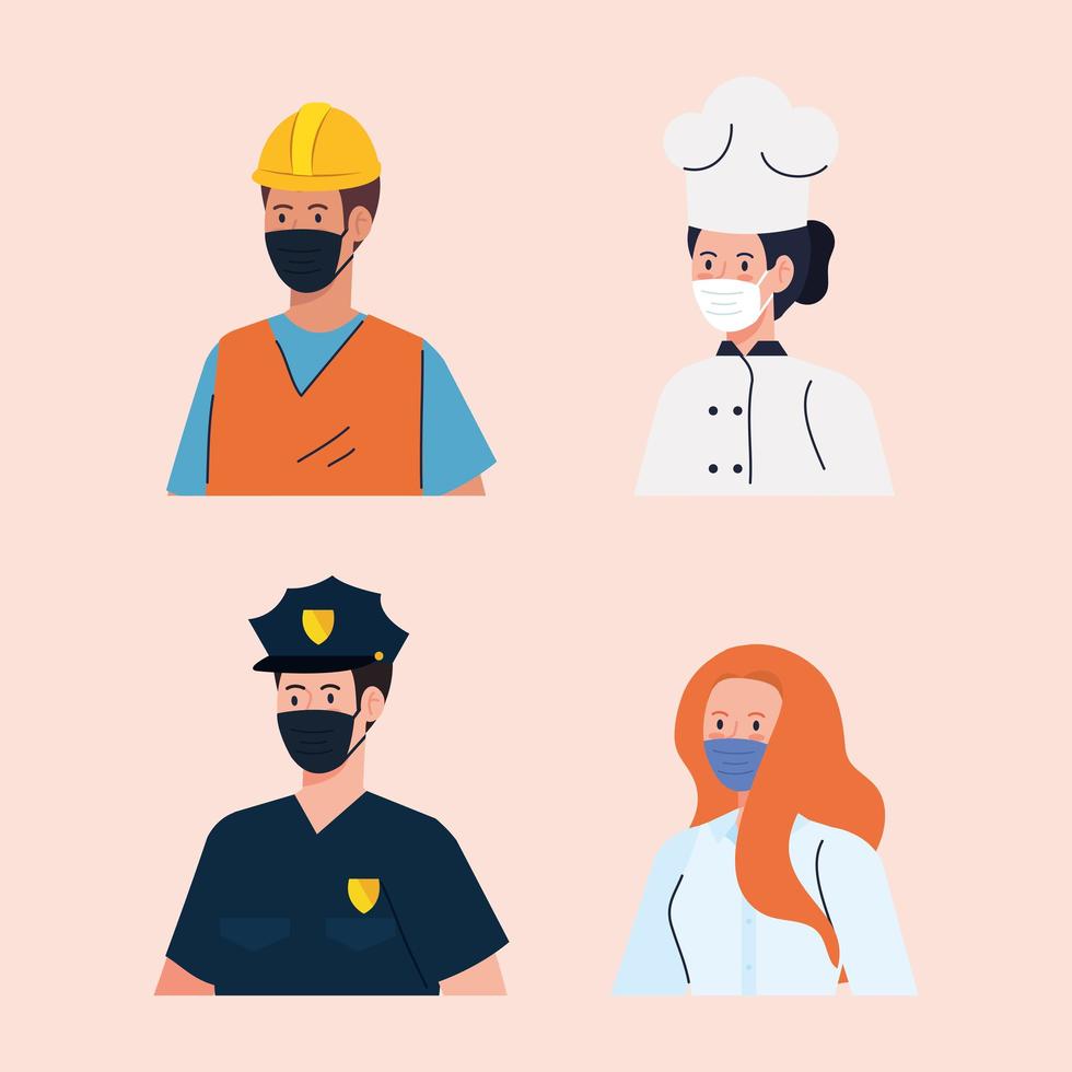 Group essential workers wearing face masks vector