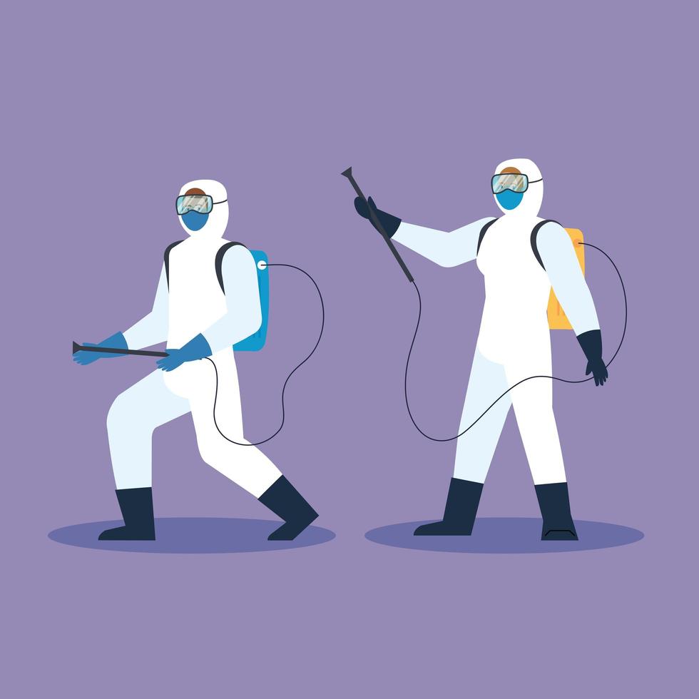 People with protective suits for the disinfection of coronavirus vector