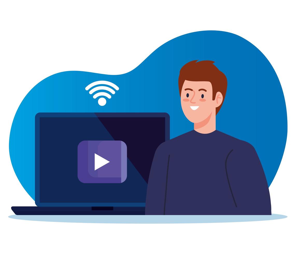 Online education technology with man and laptop vector