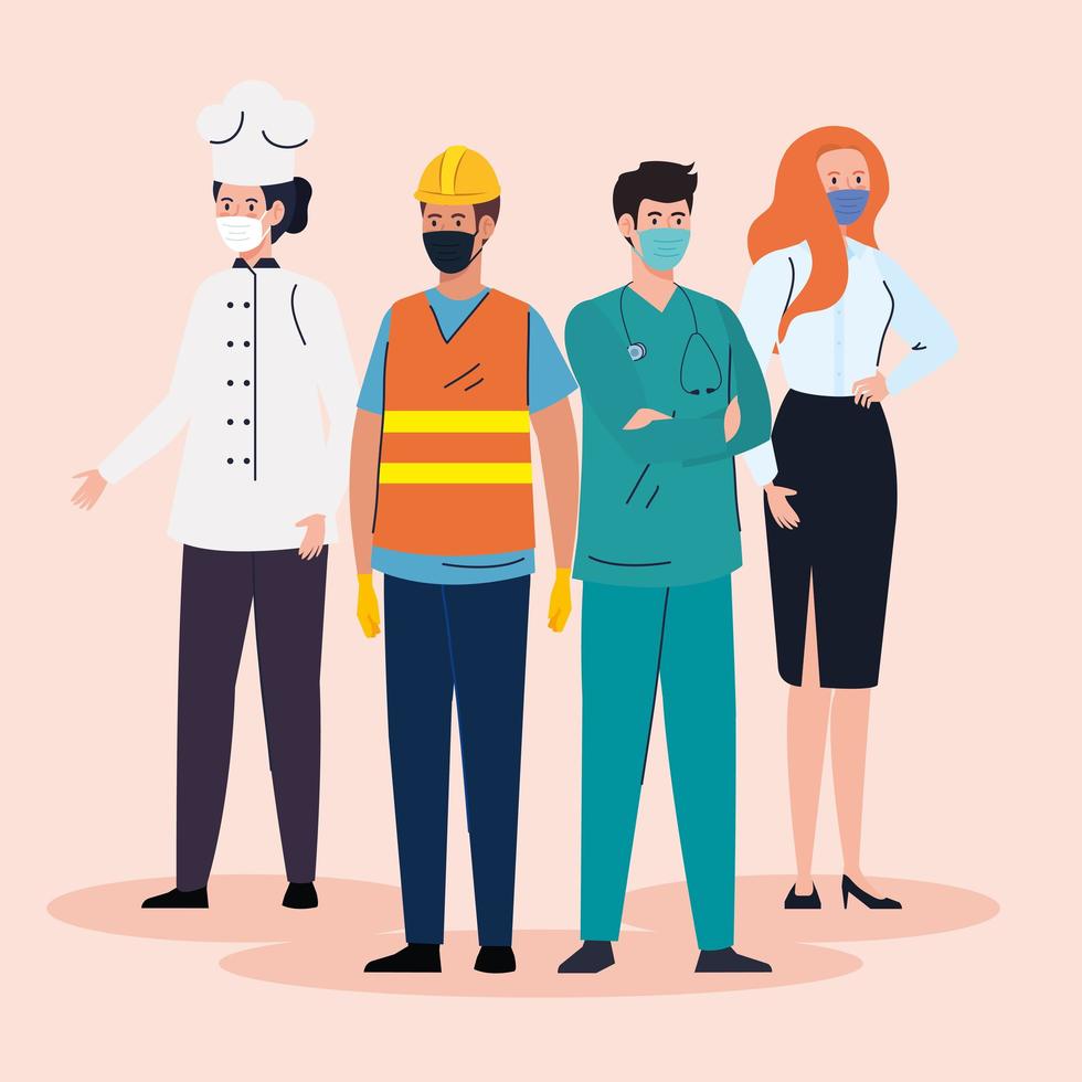 Group essential workers wearing face masks vector