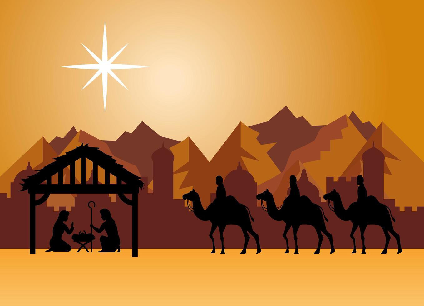 feliz navidad y natividad con maría, josé, niño jesús y los tres magos vector