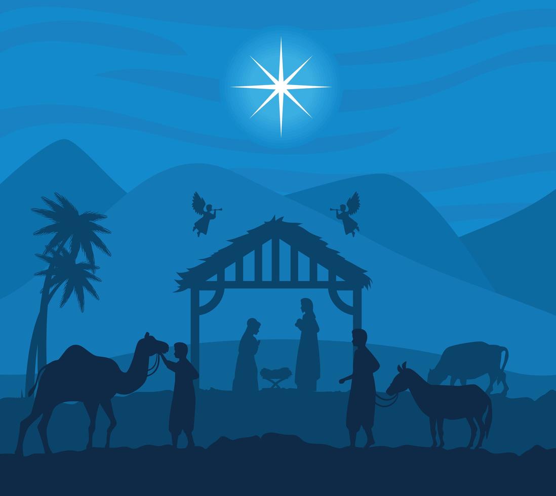 feliz navidad y natividad con maría, josé y niño jesús vector