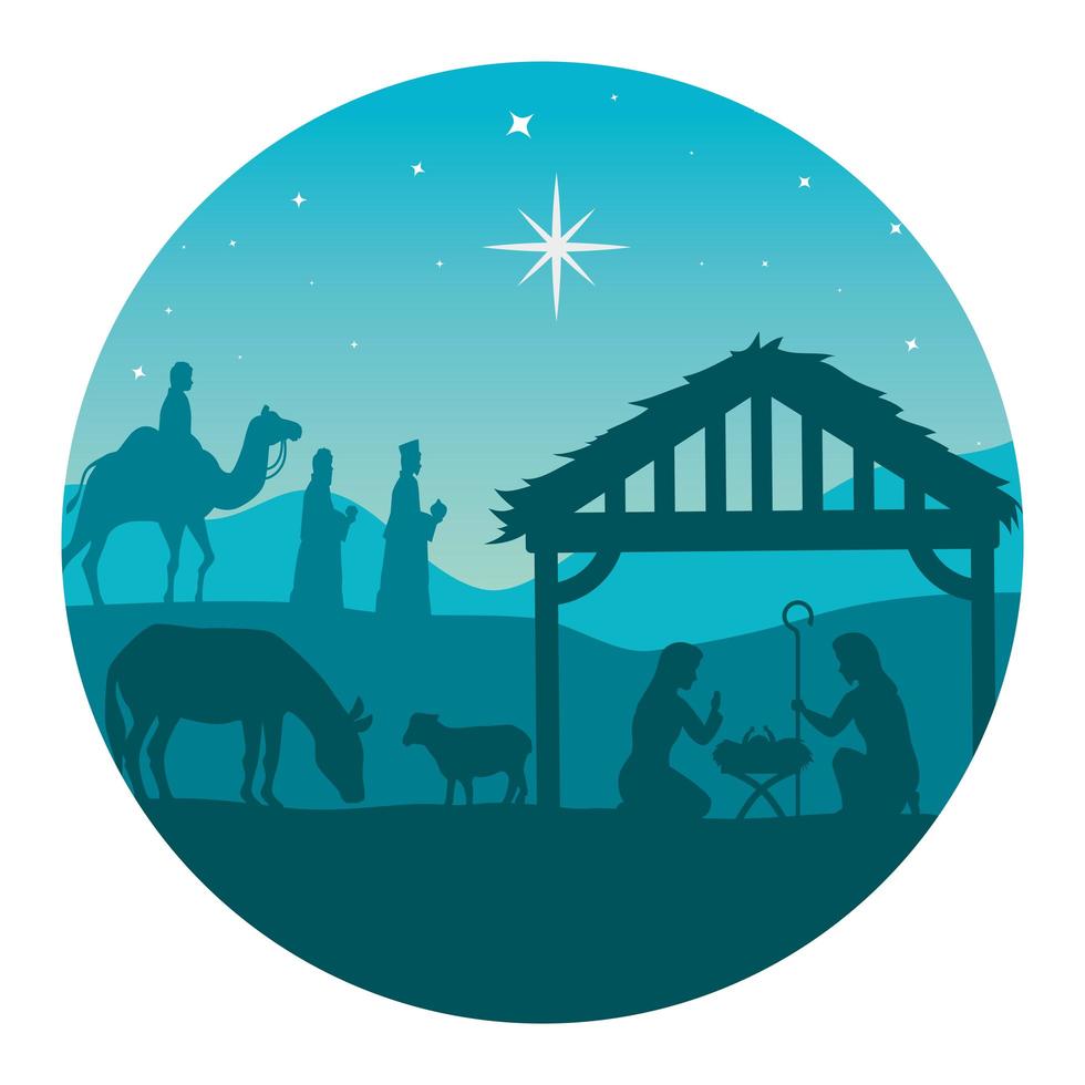 feliz navidad y natividad con maría, josé, niño jesús y los tres magos vector