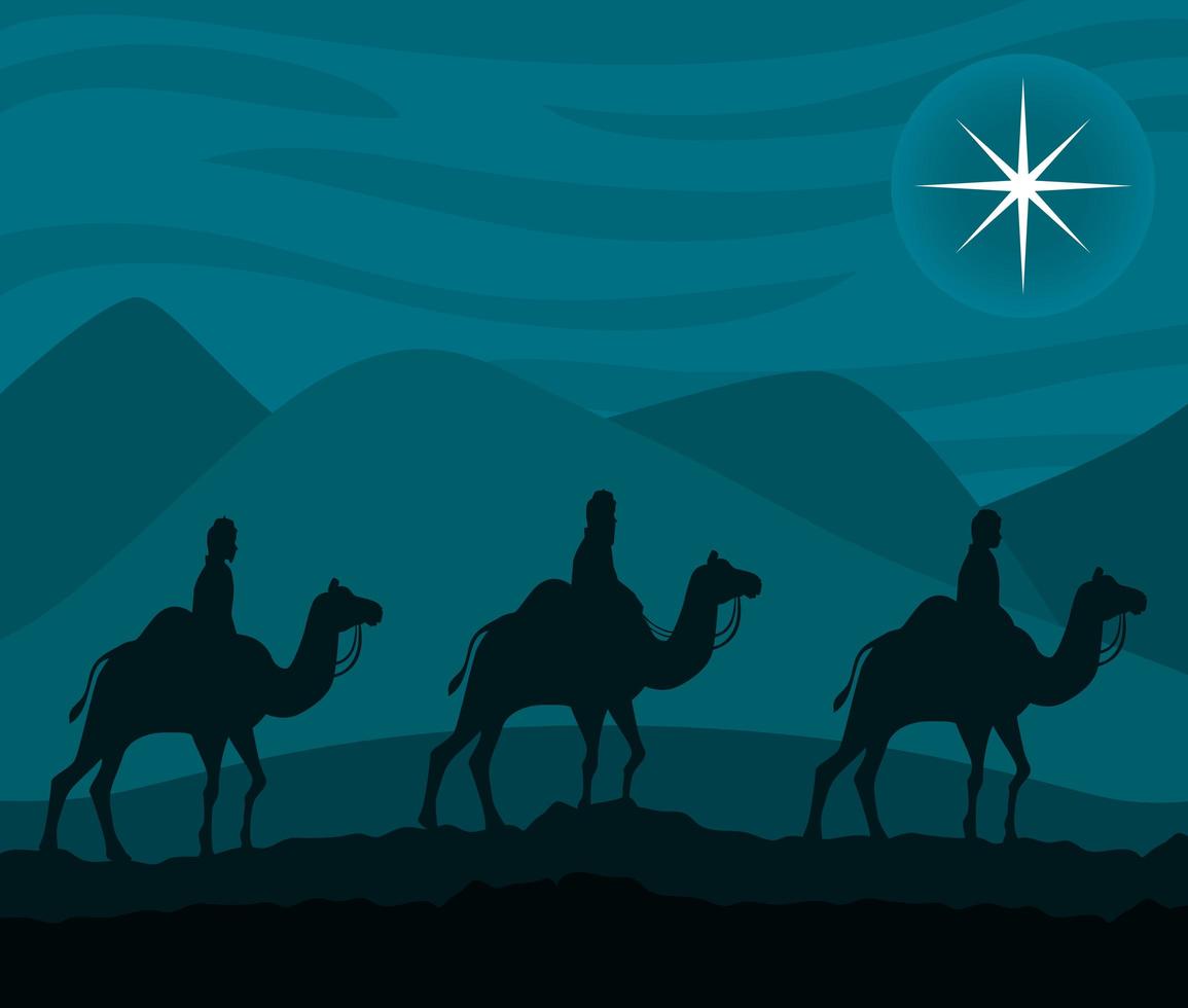 feliz navidad y natividad con los tres magos en camellos vector