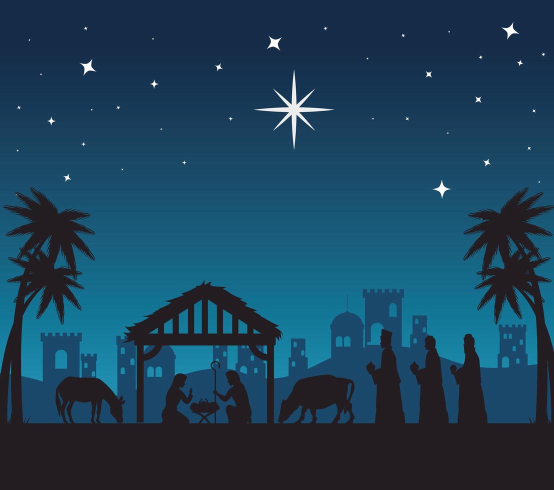 Merry Christmas and nativity with Mary, Joseph, baby Jesus and the three Magi vector